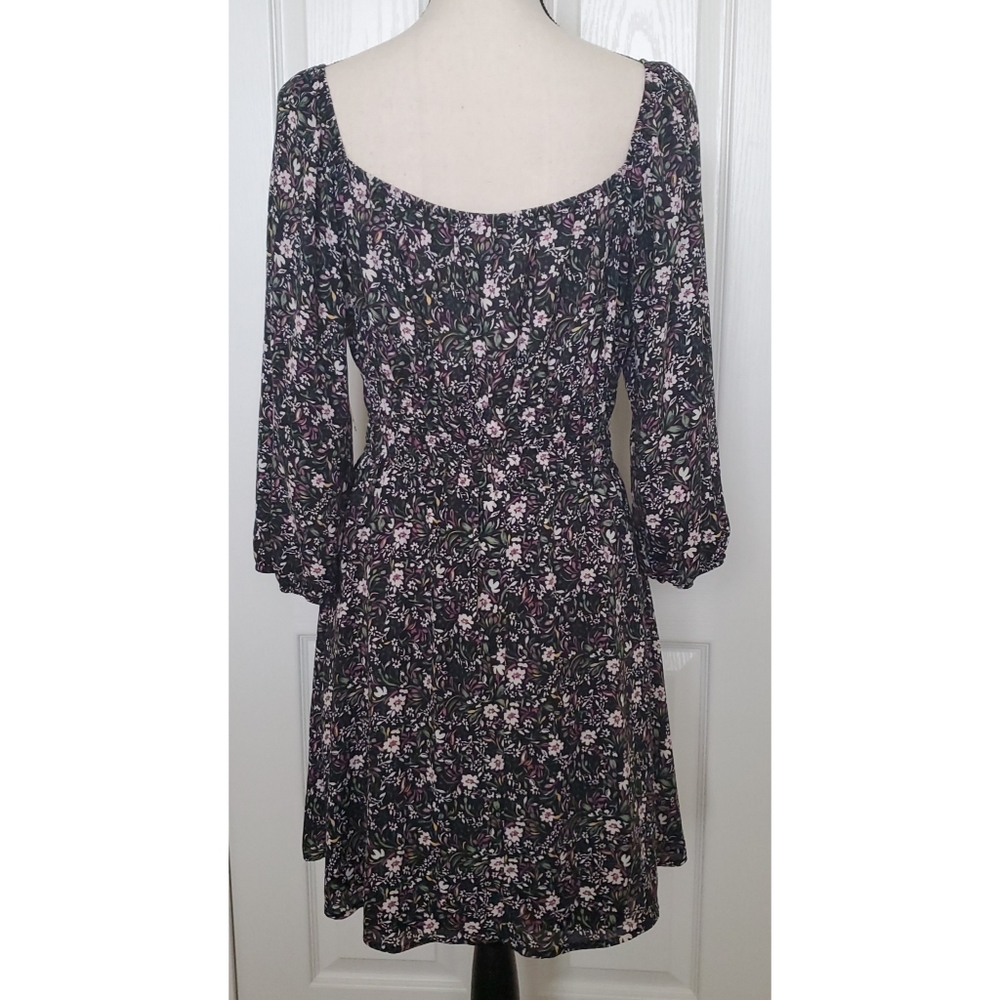 NWT As U Wish Floral Print Dress Size Large Black And Floral 3/4 Sleeve